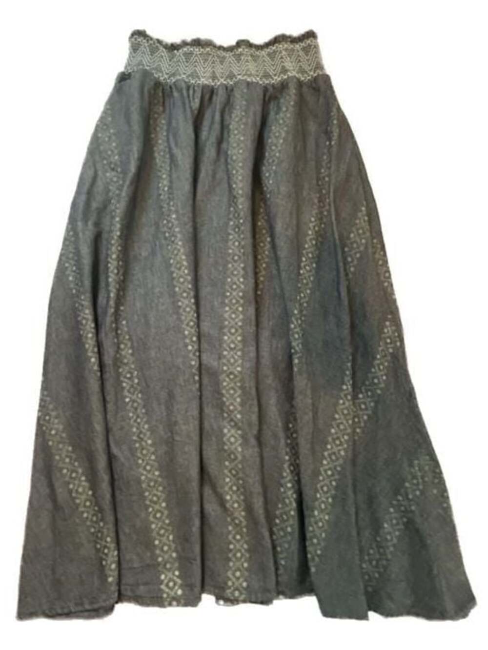 Flint & Moss Blue Chambray Smocked Waist Embroidered Cottagecore Midi Skirt